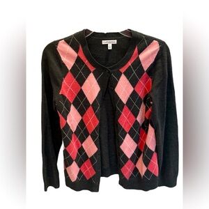 Croft & Barrow Argyle Patterned Black and Pink Sweater Preppy Size Small